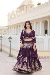 Trending Wine Embroidered Fully Flaired Georgette Lehenga Made with Rich Sequins And Thread Embroidered Work  With Stunning Blouse And Dupatta.
