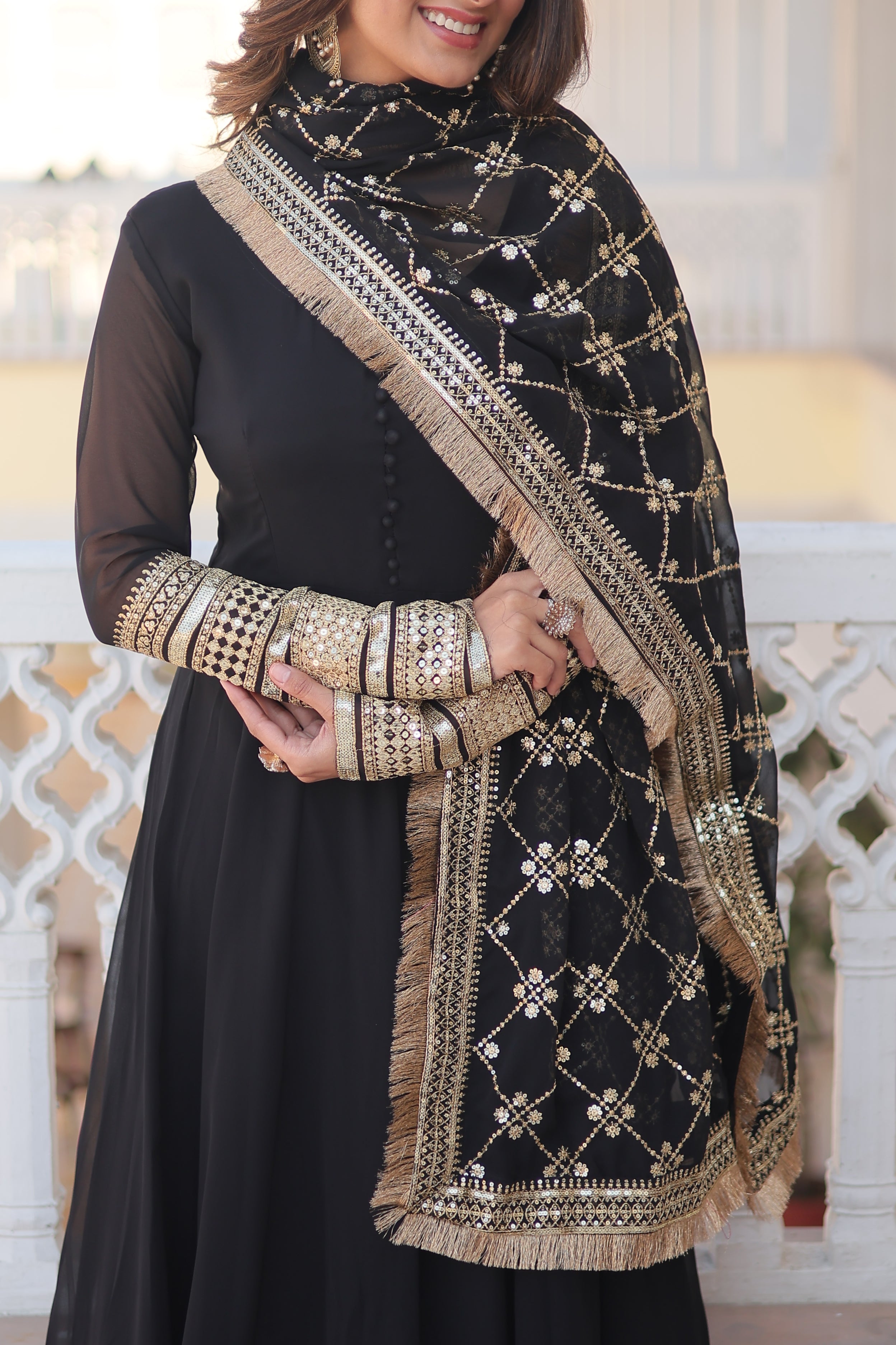Faux Blooming Gown with Dupatta With Attractive Embroidered Sequins work with Lace Border.