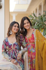 Elegant Digital Printed Russian Silk Suit with Zari Sequins Embroidery & Cut-Work Dupatta – Stitched, Full Sleeves, Fancy V Neck