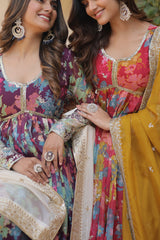 Elegant Digital Printed Russian Silk Suit with Zari Sequins Embroidery & Cut-Work Dupatta – Stitched, Full Sleeves, Fancy V Neck