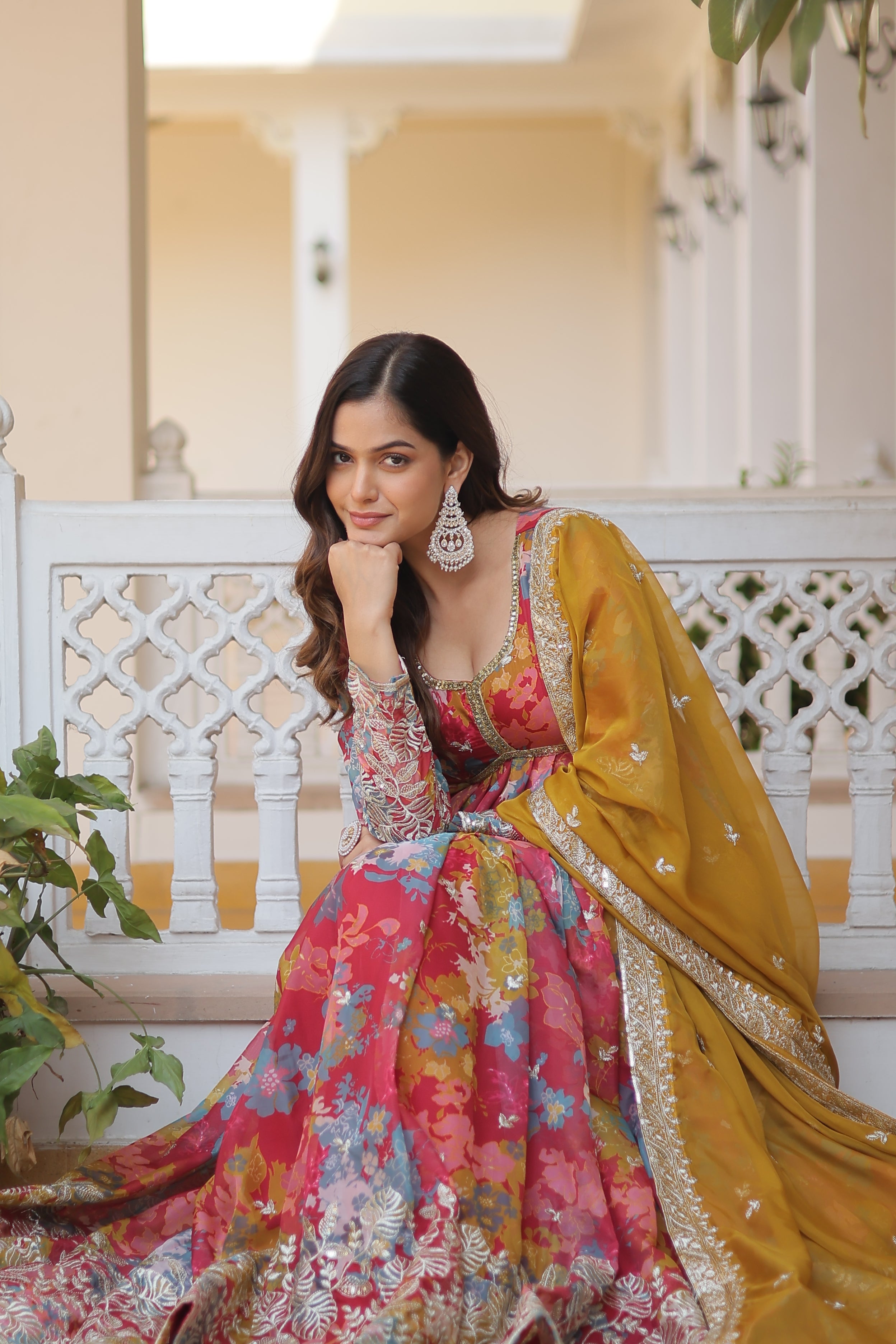 Elegant Digital Printed Russian Silk Suit with Zari Sequins Embroidery & Cut-Work Dupatta – Stitched, Full Sleeves, Fancy V Neck