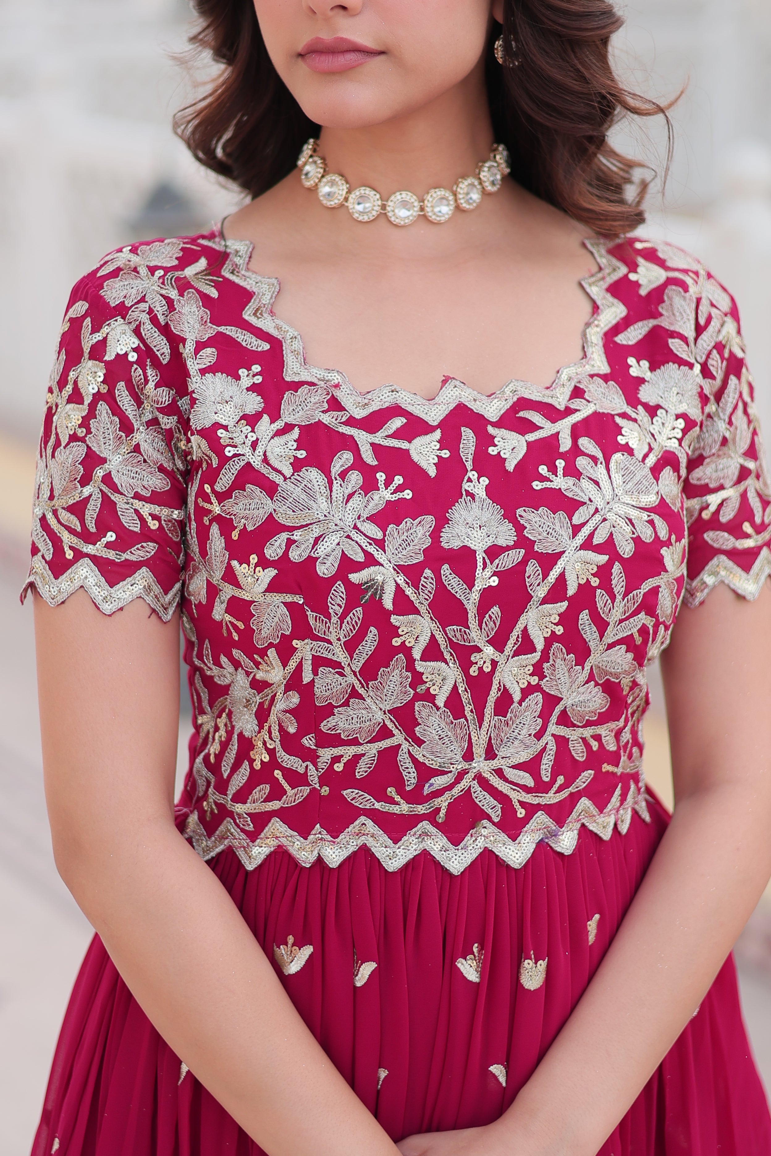 Stylish Faux Blooming Fabric Ensemble with Intricate Zari & Sequins Embroidery – Ready-to-Wear Ethnic Set