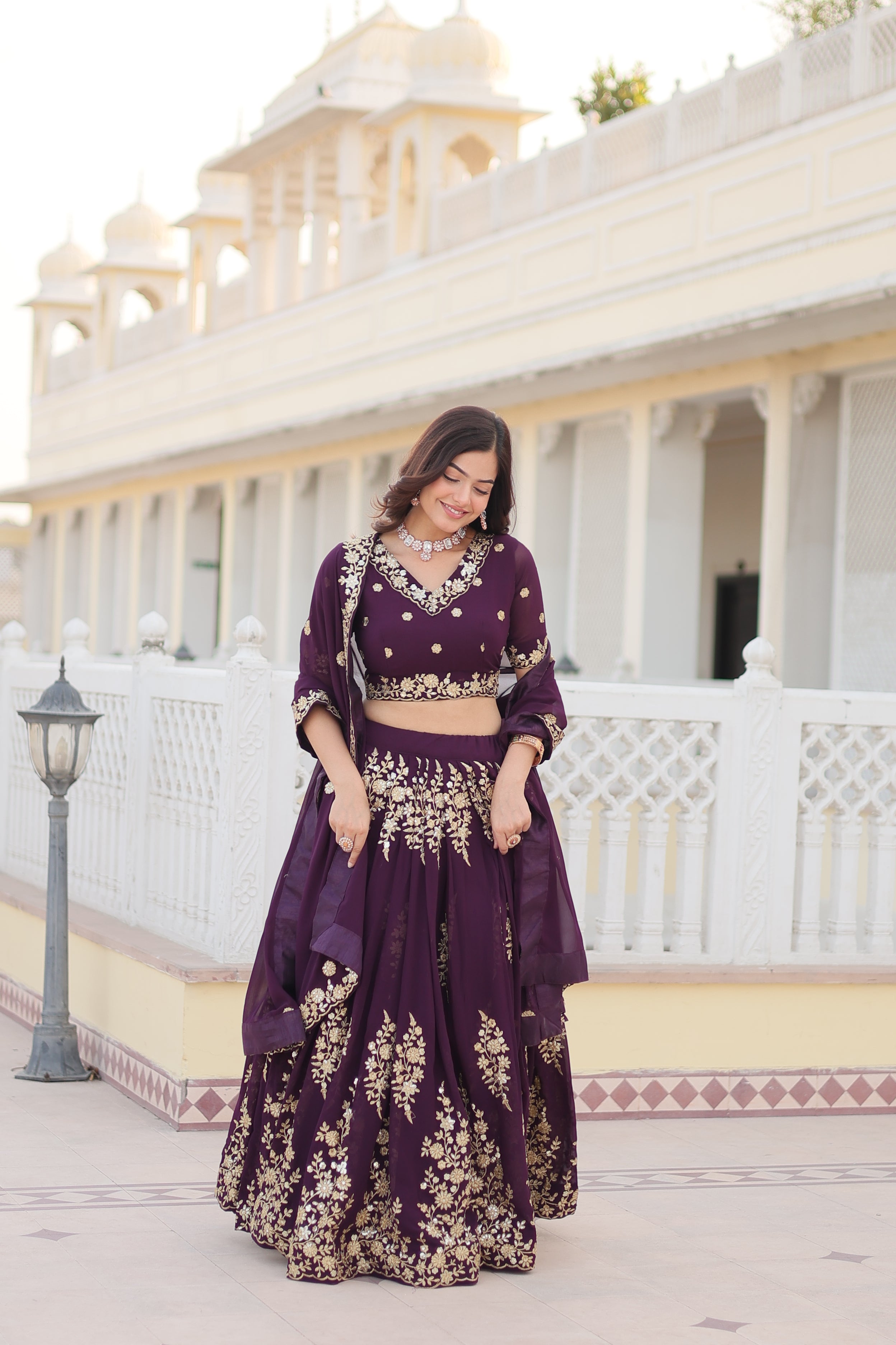 Trending Wine Embroidered Fully Flaired Georgette Lehenga Made with Rich Sequins And Thread Embroidered Work  With Stunning Blouse And Dupatta.