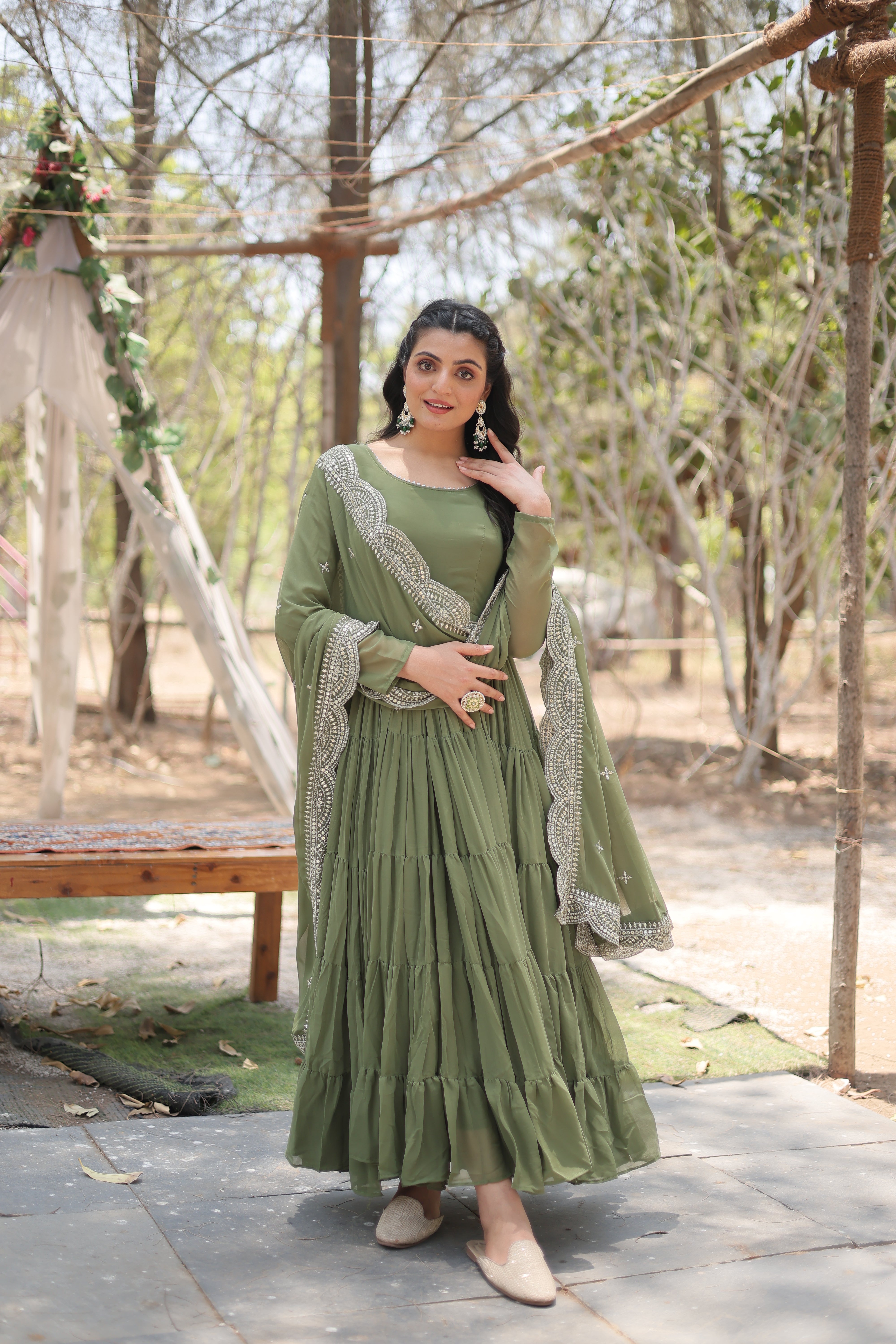 Desirable Women's Fully Flaired Gown Made With Faux Georgette Fabrics and Designer Embroidered Dupatta